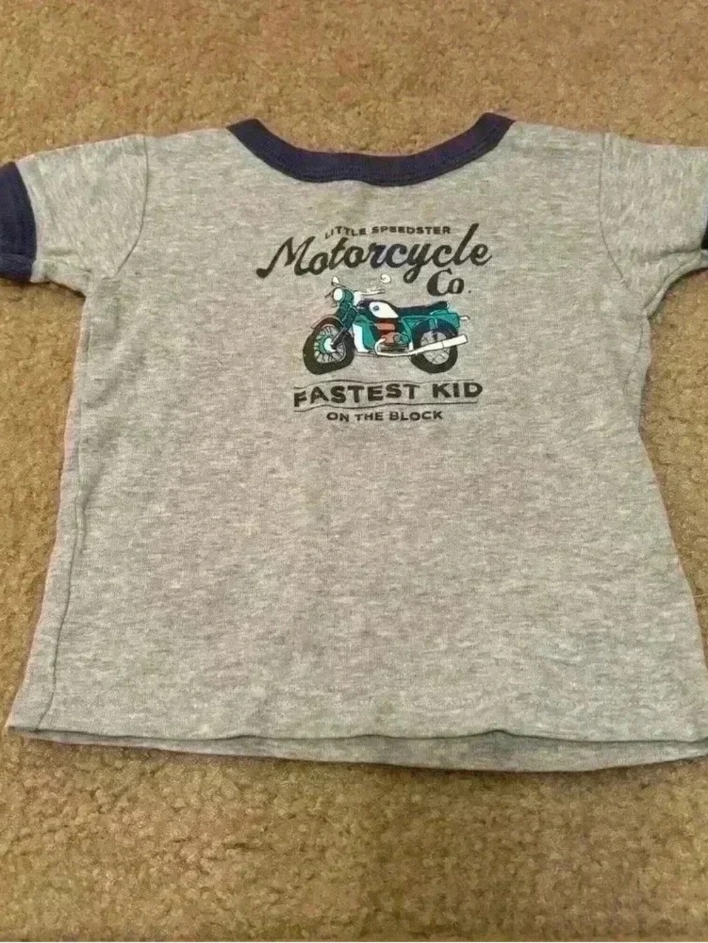 Motorcycle Graphic Short Sleeve Kids Tee - Gray with Navy Trim